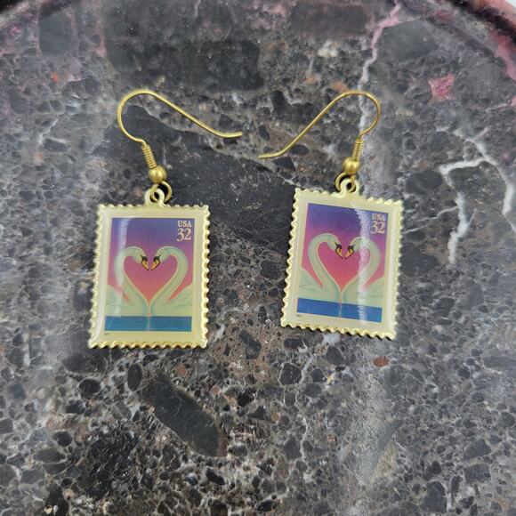 Swan Love 32 Cent Stamp Dangle Earrings Heart Gold Tone Postage Mail USA - Picture 9 of 12
